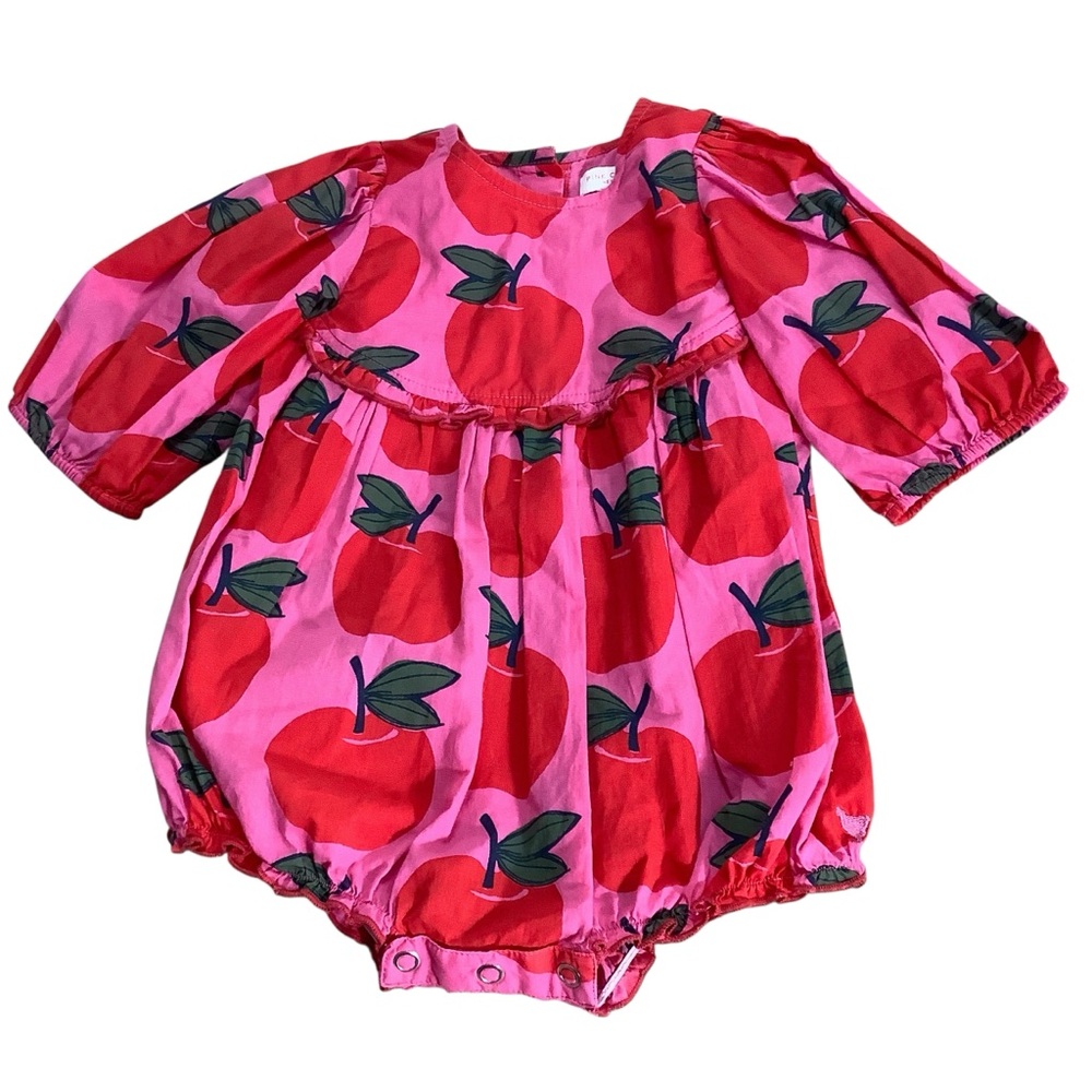 Pink Chicken Romper with Red Apple Print